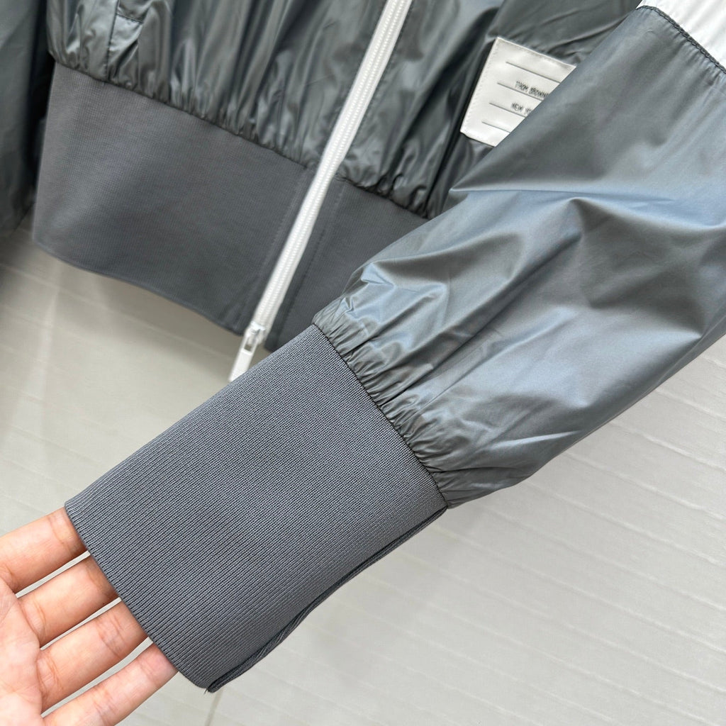 THOM BROWNE STAND COLLAR ZIP-UP JACKET IN GREY