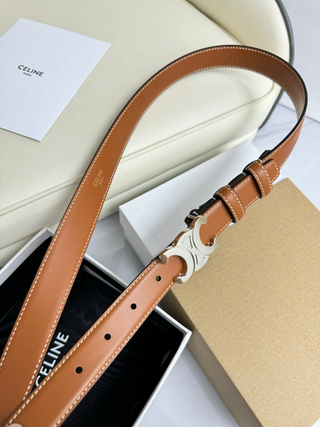 CELINE SMALL TRIOMPHE BELT 18 MM BRONZE BROWN LEATHER SILVER HARDWARE