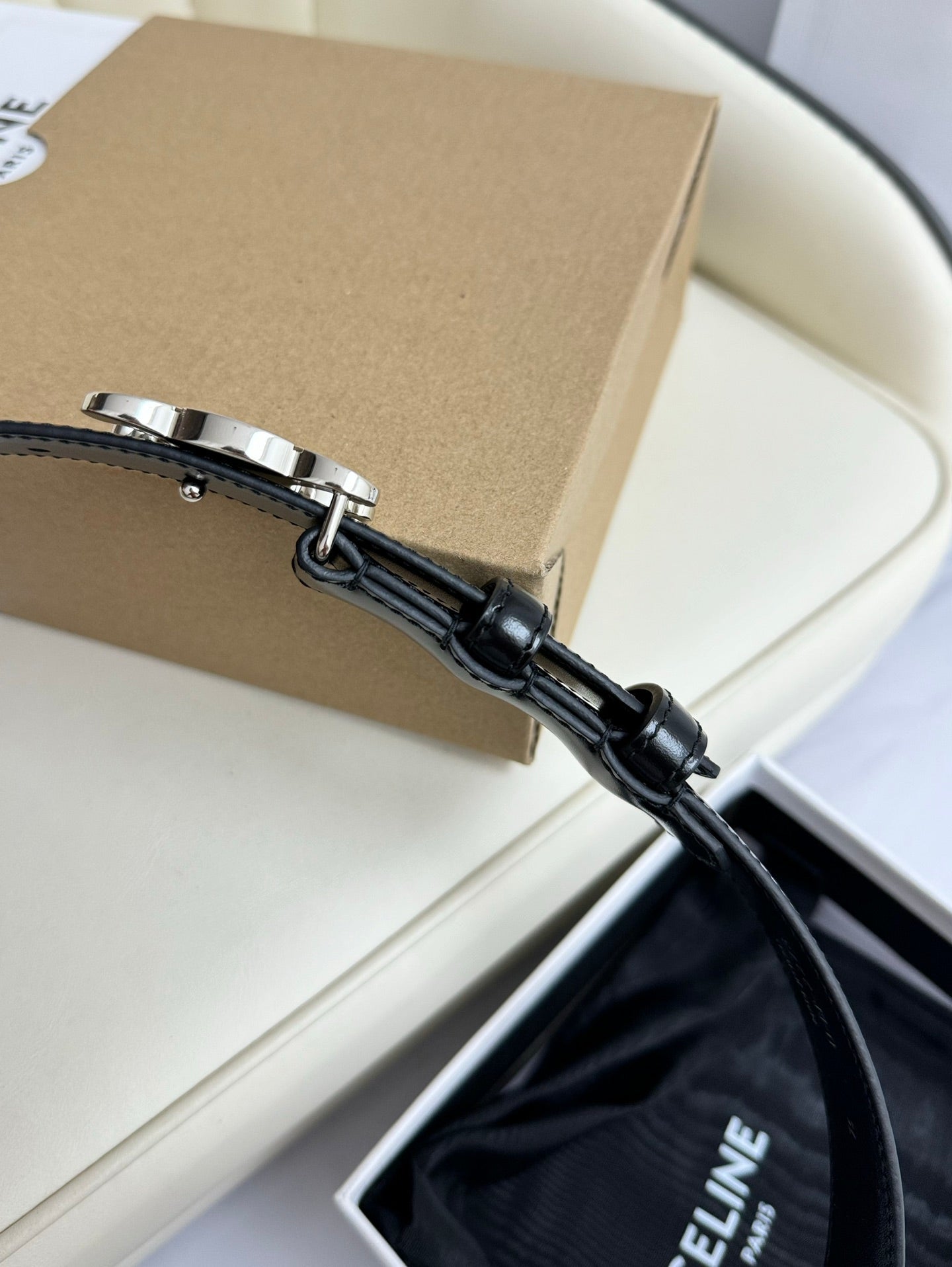 CELINE SMALL TRIOMPHE BELT 18 MM BLACK LEATHER SILVER HARDWARE